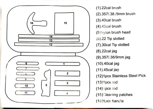 Universal Handgun Cleaning kit .22/.357/.38/9mm/.45 Caliber Pistol, Bronze Bore Brush and Brass Jag Adapter