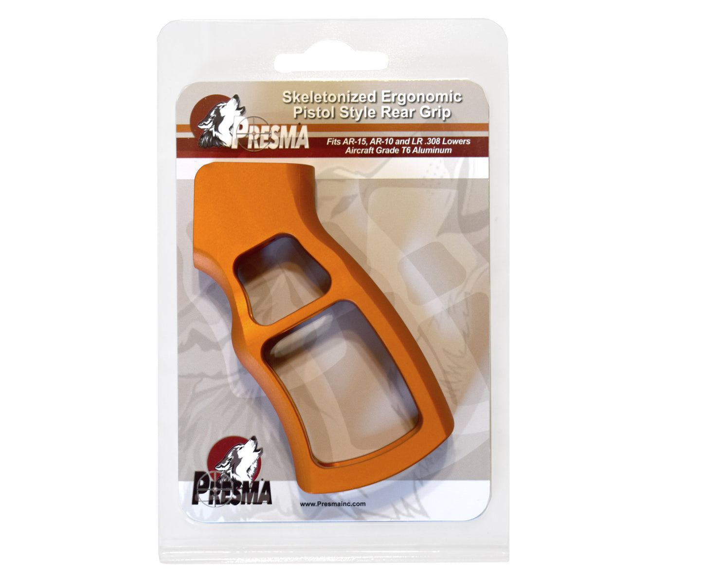 Skeletonized Ergonomic Rear Pistol Style Grip from Presma Inc, Orange Anodized Aluminum