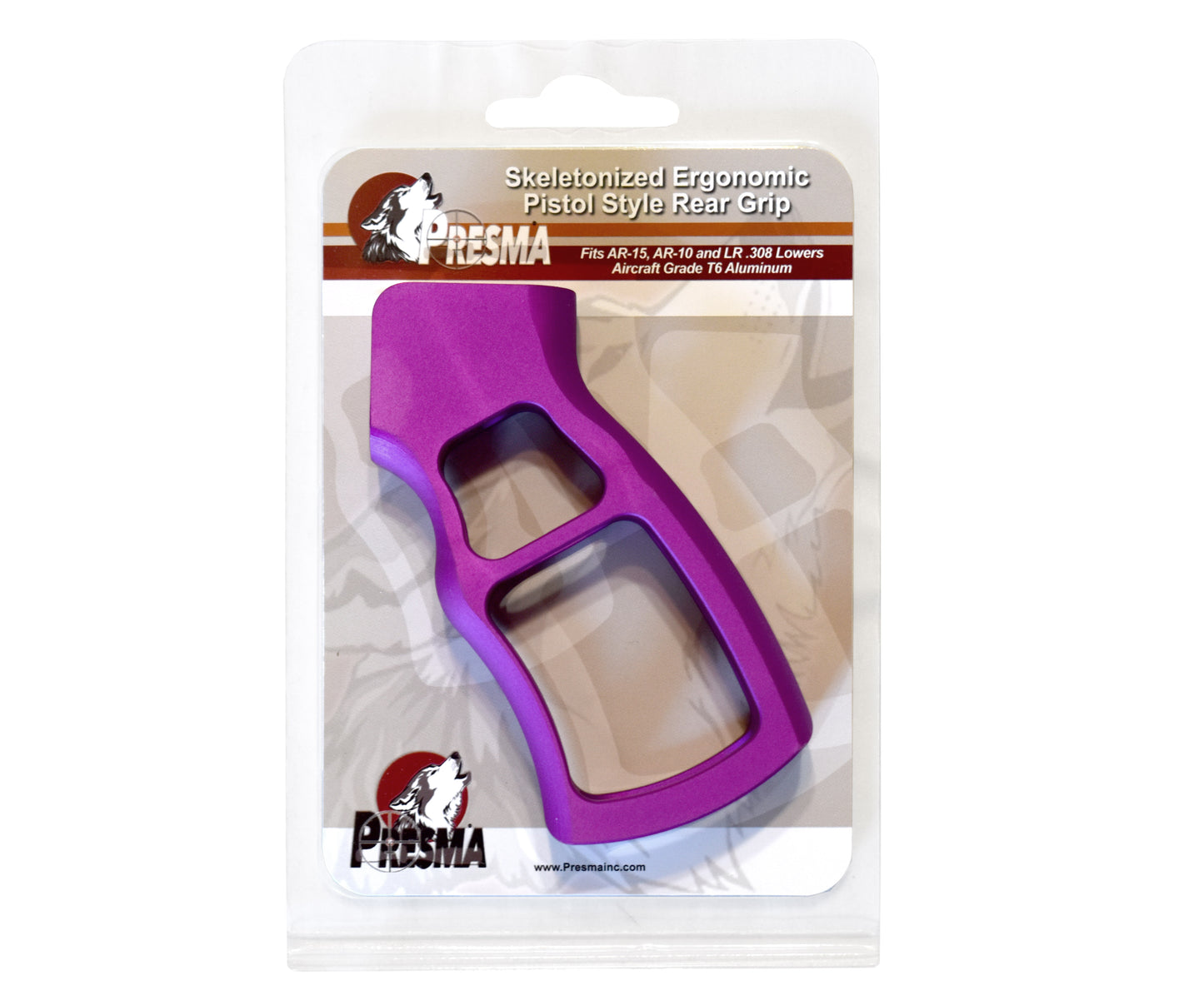 Skeletonized Ergonomic Rear Pistol Style Grip from Presma Inc, Purple Anodized Aluminum