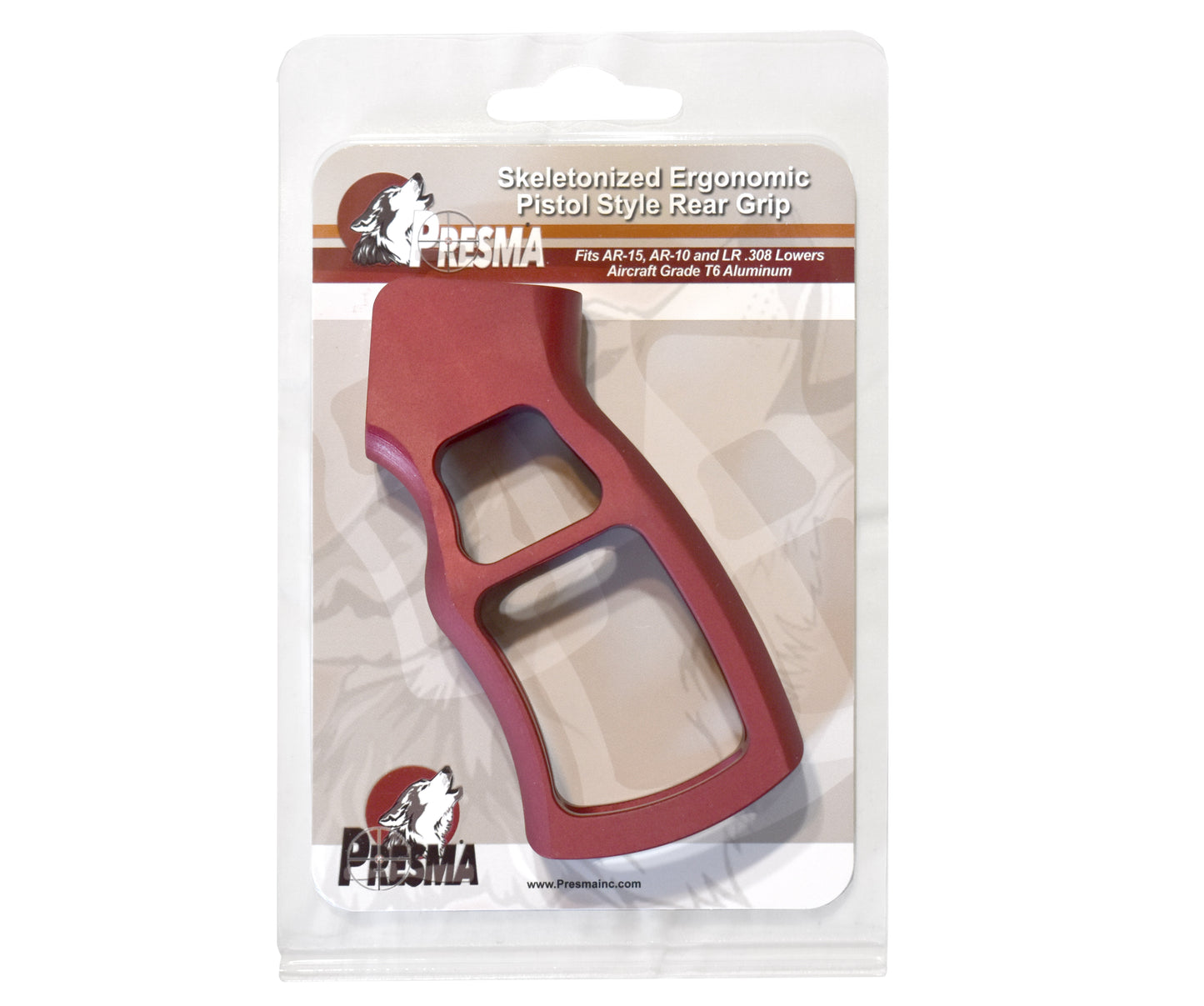 Skeletonized Ergonomic Rear Pistol Style Grip from Presma Inc, Dark Red Anodized Aluminum