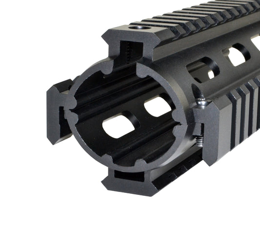 2 Piece Drop In Quad Rail Handguard. Fits LR .308 Low Profile, 8.75" Mid Length, Triangle End Cap