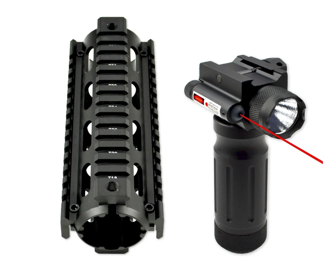 Carbine Length Handguard 2 piece Drop In Quad Rail with Aluminum Foregrip Tactical Red Laser and Flashlight