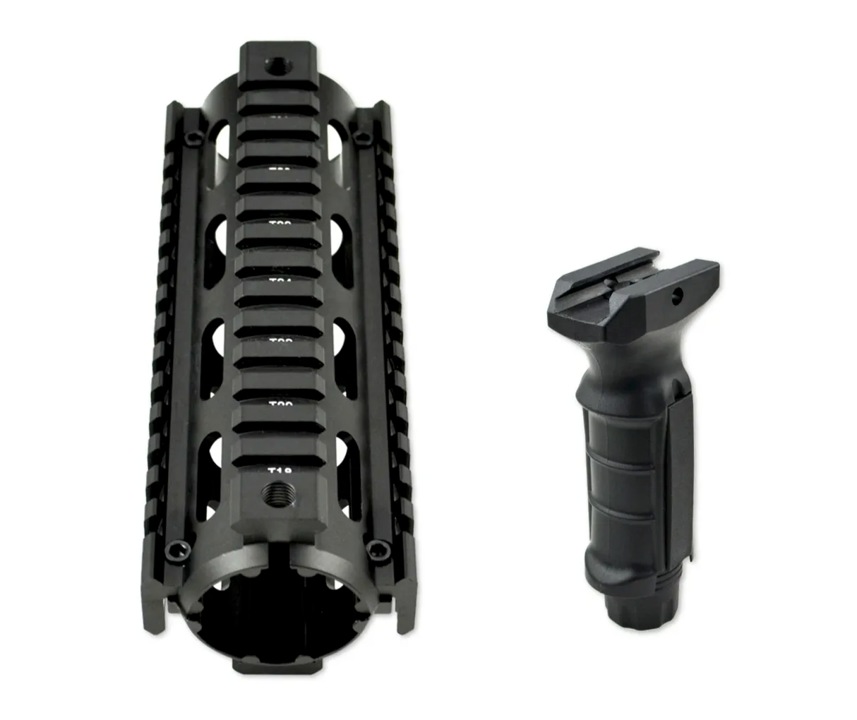 Carbine Length 7" 2 Piece Drop In Handguard Quad Rail with Tactical Vertical Black Foregrip