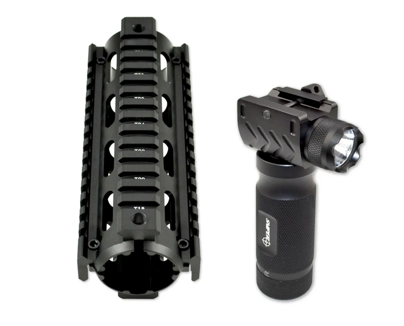 AR-15 Carbine Length Handguard 2 piece Drop In Quad Rail plus Aluminum Foregrip Grip with Inbuilt Tactical Flashlight
