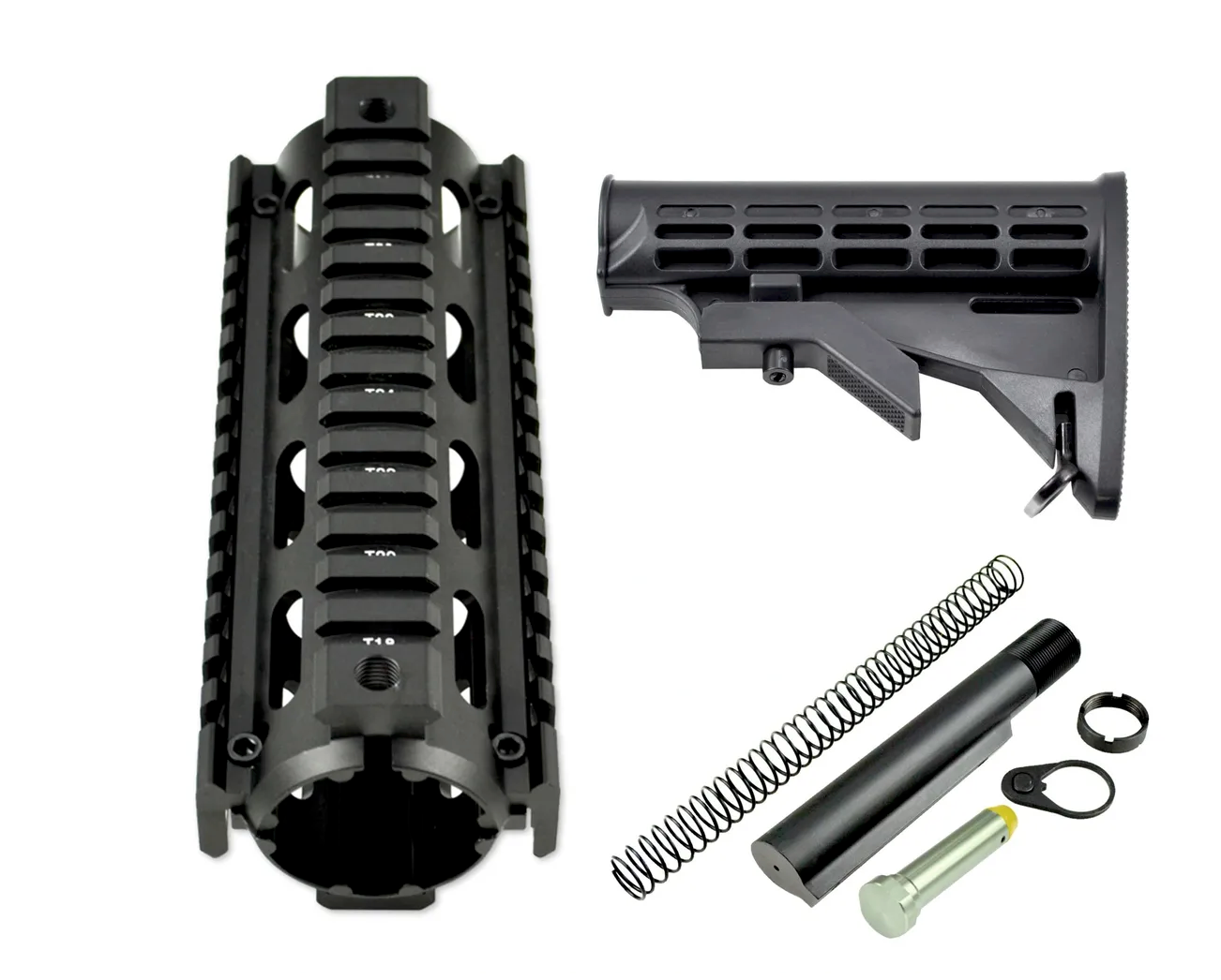 Carbine Length Handguard 2 piece Drop In Quad Rail with Comm Spec Buffer Tube, 5 pc Lower Receiver Extension Kit plus Adjustable Butt Stock
