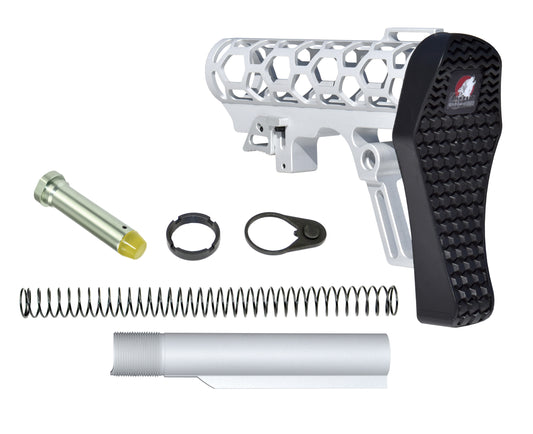 Presma Skeletonized AR Buttstock With 6 Position Mil Spec Tube Kit, Silver.