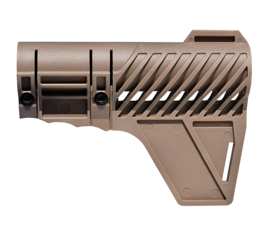 Presma Inc's Patented Fixed Stock with Clamp Lock and Fin for AR-15 Pistols, Tan