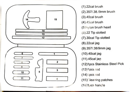 Universal Handgun Cleaning kit .22/.357/.38/9mm/.45 Caliber Pistol, Bronze Bore Brush and Brass Jag Adapter