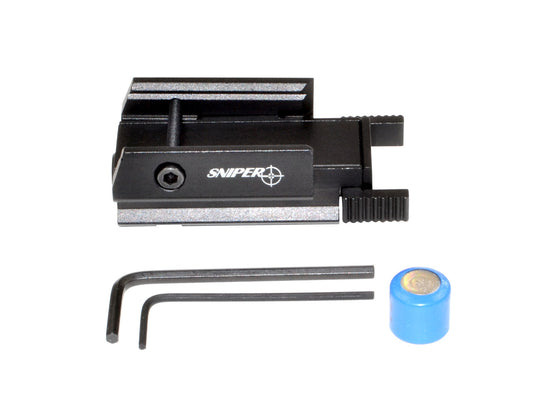 Compact Tactical Red Laser Sight with Picatinny Top Rail. Great for Handguns and Rifles.