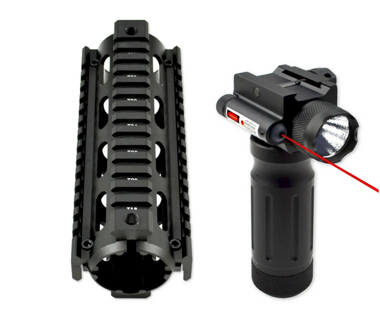 Carbine Length Handguard 2 piece Drop In Quad Rail with Aluminum Foregrip Tactical Red Laser and Flashlight