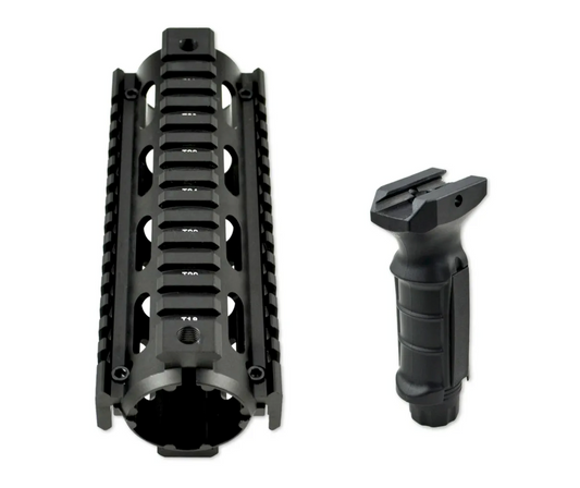 Carbine Length 7" 2 Piece Drop In Handguard Quad Rail with Tactical Vertical Black Foregrip