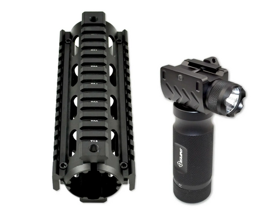 AR-15 Carbine Length Handguard 2 piece Drop In Quad Rail plus Aluminum Foregrip Grip with Inbuilt Tactical Flashlight