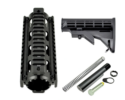 Carbine Length Handguard 2 piece Drop In Quad Rail with Comm Spec Buffer Tube, 5 pc Lower Receiver Extension Kit plus Adjustable Butt Stock