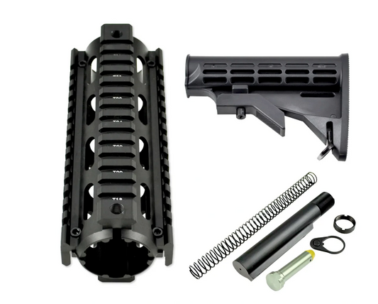 Carbine Length Handguard 2 piece Drop In Quad Rail with Comm Spec Buffer Tube, 5 pc Lower Receiver Extension Kit plus Adjustable Butt Stock